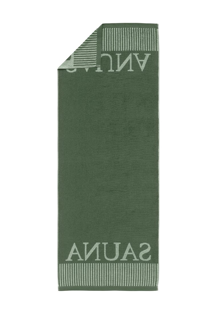Grünes Badetuch mit Frottierstruktur, mit gestreiftem Rand und dem Wort "SAUNA" in hellgrün. Rechteckige Form, weiches Material.