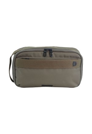 Compact olive green travel pouch with dual zipper on top, a front strap, side handle, and small brand logo on front.