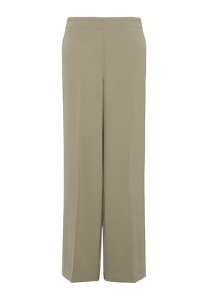 Elastsed laiad püksid muted oliivirohelises värvitoonis. Omavad sujuvat vöökohta ja pehmet, kerget kangast ilma selgete mustriteta.