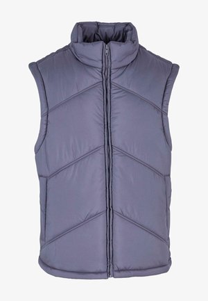 Szary bezrękawnik puchowy z wysokim kołnierzem, z pikowanym wzorem diamentowym, zapinany na zamek z przodu i z bocznymi kieszeniami. Gładka, wyściełana tekstura.