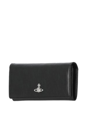 Portafoglio in pelle nera con logo argento di pianeta e croce centrato sulla patta anteriore, mostrato chiuso su sfondo bianco.