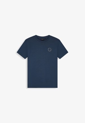 Navyblauw T-shirt met korte mouwen en ronde hals, met een klein cirkelvormig logotekstje op de linkerborst.