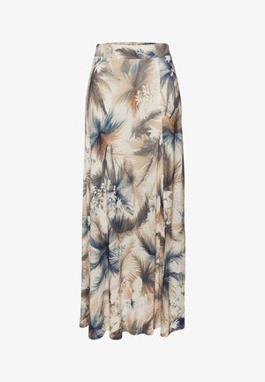 Blumiger langer Rock aus leichtem Stoff mit beigem Hintergrund und blauen sowie braunen Palmblattmustern. Er hat eine lockere Passform und einen fließenden Schnitt.