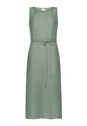 Sukienka bez rękawów w kolorze szałwiowej zieleni, wykonana z tkaniny przypominającej len, z paskiem do wiązania w talii, o prostym kroju, sięgająca do połowy łydki.
