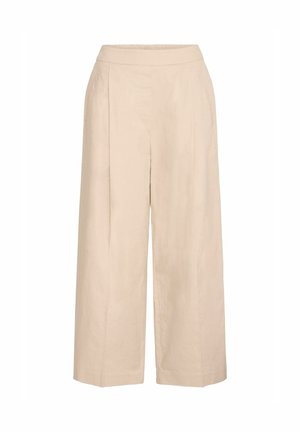 Pantalons larges beiges avec une taille élastique, en matière légère, dotés de plis à l'avant et d'une coupe décontractée.