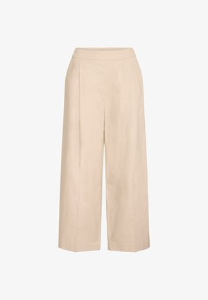 Pantaloni beige cu picioare largi, cu un brâu elastic, dintr-un material ușor, având plii frontale și o croială relaxată.