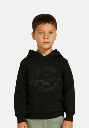 Sweat à capuche noir avec une impression avant comportant "LEE COOPER" et "Authentic Heritage 1908" en gris foncé. Confectionné en tissu doux.