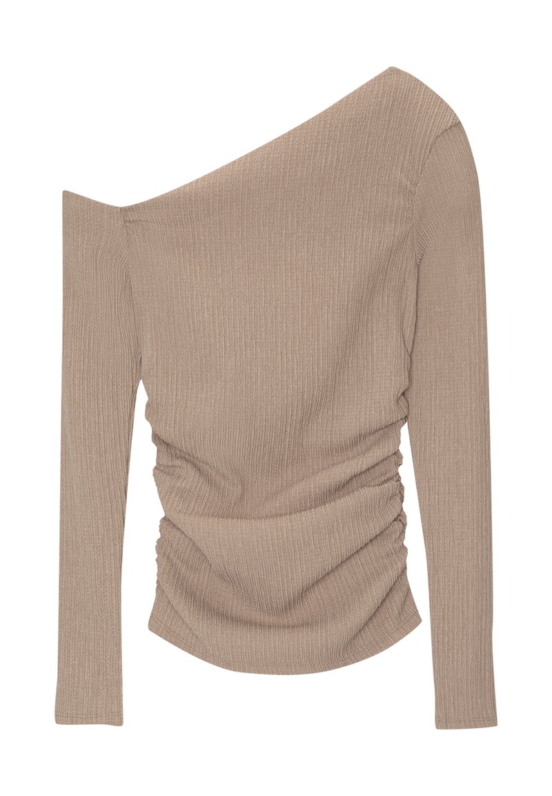 T-shirt à manches longues côtelé en beige clair, avec une encolure asymétrique et un détail froncé sur le côté pour ajouter de la texture et de la forme.