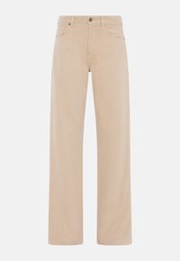 Beige wijde broek gemaakt van een katoenmix, met een knoop- en ritssluiting, vijf zakken en riemlussen.