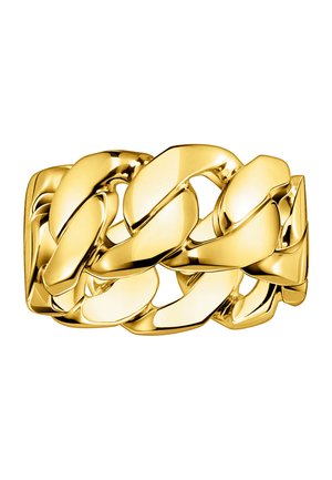Dickes poliertes Goldkettengliederarmband mit glatten, abgerundeten ineinandergreifenden Gliedern und einer glänzenden reflektierenden Oberfläche.