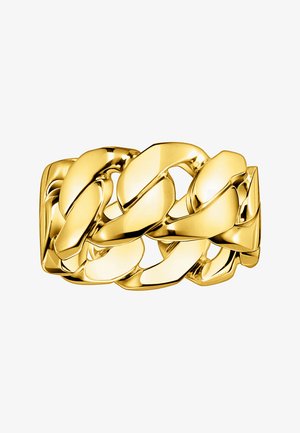 Dickes poliertes Goldkettengliederarmband mit glatten, abgerundeten ineinandergreifenden Gliedern und einer glänzenden reflektierenden Oberfläche.
