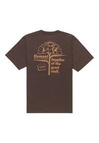Camiseta marrón de manga corta con un gran diseño gráfico de una flor y el texto que dice "Element Skate Co. Worldwide" en color naranja.