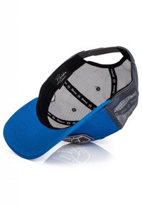 Blue baseball cap with a curved bill, mesh backing, and black inner lining. Features a logo patch at the front and subtle stitching details.