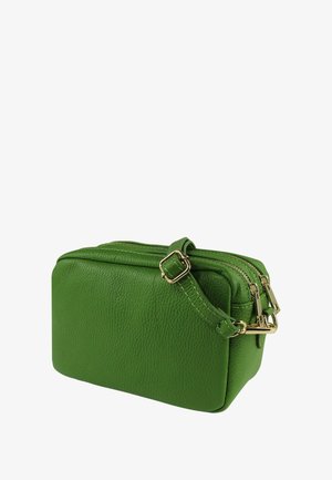 Groene leren handtas met een gestructureerde afwerking, voorzien van twee met rits afgesloten vakken en een afneembare schouderriem met gouden accenten.