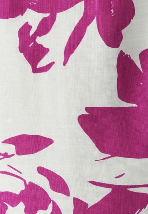 Witte stof met een groot, gedurfd roze bloemenpatroon. Zachte textuur, gladde afwerking, met levendige kleurcontrasten en opvallende bloemvormen.