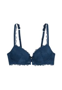 Soutien-gorge en dentelle bleu marine avec motif floral, bonnets rembourrés, bretelles réglables et un petit accent doré au centre. Bordure florale sur les bords.
