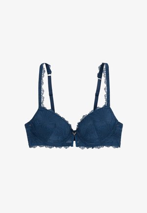 Soutien-gorge en dentelle bleu marine avec motif floral, bonnets rembourrés, bretelles réglables et un petit accent doré au centre. Bordure florale sur les bords.
