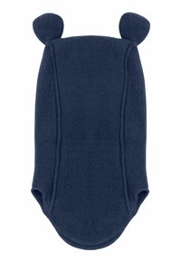 Jūrų mėlyna vilnonė kūdikių hoodie su apvaliais ausimis, minkšta tekstūra, patogiu prigludimu ir lenktu kraštu. Ypatumai: lygi siūlė ir minimalistinis dizainas.