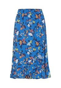 Blommig kjol med blå bakgrund och blommor i flera färger. Den har en volangkant och ett elastiskt midjeband för komfort.