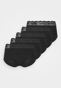 Schwarzes Baumwollunterwäsche-Set mit fünf Teilen, mit Spitzendetails entlang des Taillenbundes. Weicher Stoff, mittelhoher Stil mit vollem Halt.