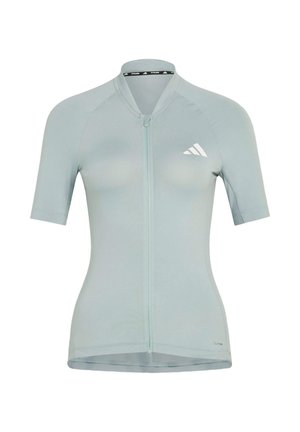 Jersey de ciclismo de manga corta azul claro con cremallera frontal, corte ajustado y logo blanco de Adidas en el pecho izquierdo.