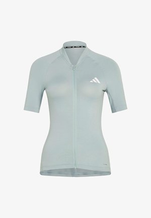 Lichtblauw fietsshirt met korte mouwen, rits aan de voorkant, nauwsluitende pasvorm en wit Adidas-logo op de linkerborst.