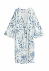 Mėlynas ir baltas gėlių rašto chalatas su pilnomis rankovėmis, rišamu diržu ir nėriniu aplink rankoves, pagamintas iš lengvos medžiagos.