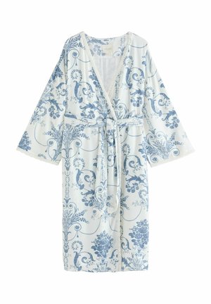 Robe a fiori blu e bianchi con maniche a tutto, cintura a fascetta e rifiniture in pizzo lungo le maniche, realizzata in un tessuto leggero.