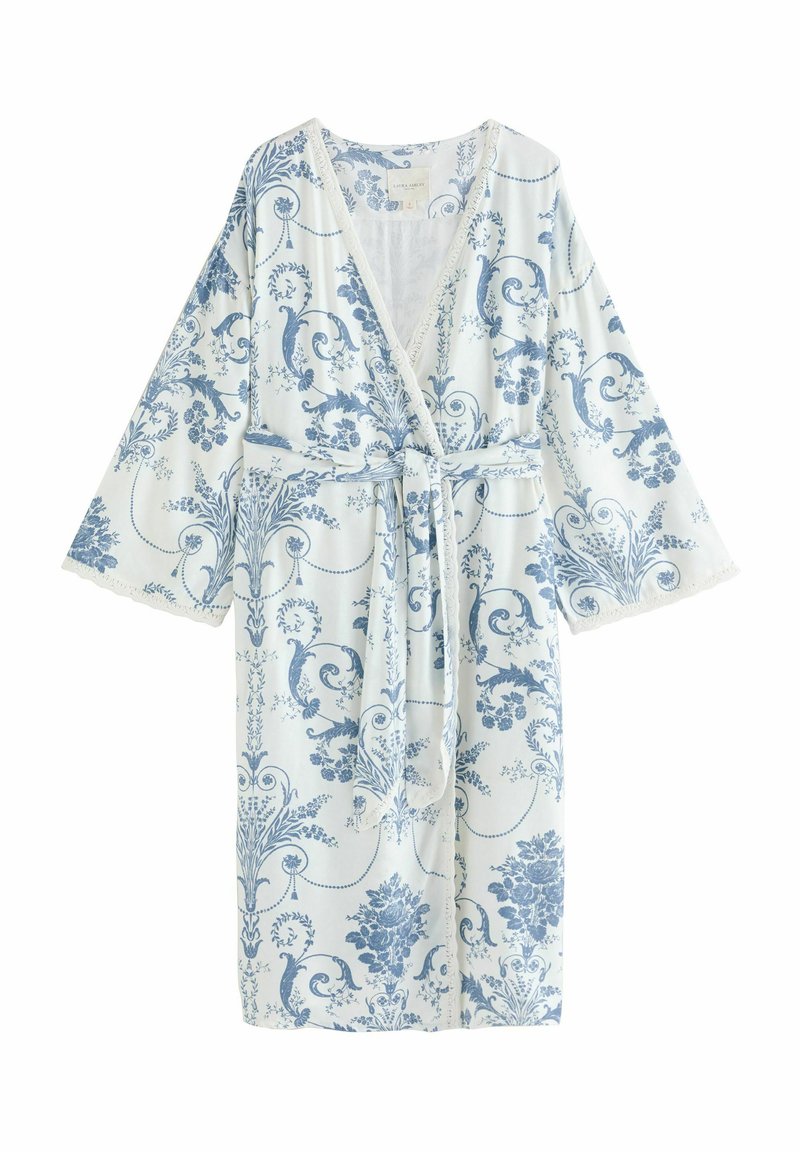 Mėlynas ir baltas gėlių rašto chalatas su pilnomis rankovėmis, rišamu diržu ir nėriniu aplink rankoves, pagamintas iš lengvos medžiagos.