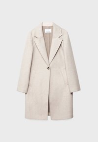 Manteau en laine beige clair mélangée, avec une fermeture à un bouton, un col cranté et des poches latérales. Le design est ajusté et de longueur mi-bas.