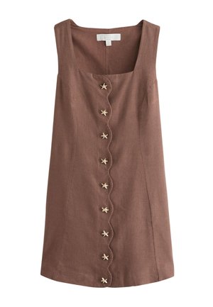 Ruda lininė suknelė be rankovių, kvadratinio kirpimo iškirpte ir priekyje su dantytais kraštais sagomis su smėlio spalvos žvaigždutės formos mygtukais.