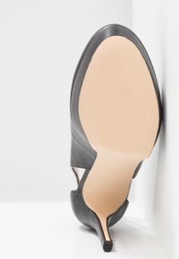 Chaussure noire à talons hauts vue par la semelle, présentant une semelle beige lisse avec une légère bande de roulement et une fine pointe de talon.