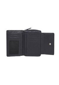 Navy leather wallet with a zipped compartment, multiple card slots, a mesh ID window, and a snap button closure. Smooth texture and simple design.