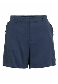 Shorts bleu marine en tissu lisse, dotés de poches latérales plissées et d'un devant plat avec une ceinture classique.