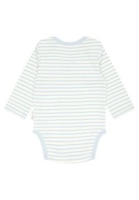 Bodysuit de bebé de manga larga a rayas en suave algodón, con rayas horizontales en azul claro y blanco, con un cuello redondo y cierre a presión.
