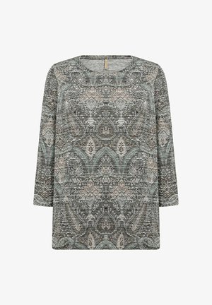 Long-sleeve top featuring a multicolored paisley pattern. Made of soft, textured fabric in shades of green, brown, and cream. Round neckline.