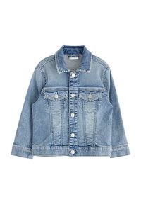 Helleblaue Jeansjacke mit einem leicht verblassten Finish, langen Ärmeln, Knopfleiste, zwei Brusttaschen und einem Kragen. Besitzt einen strukturierten Stoff.
