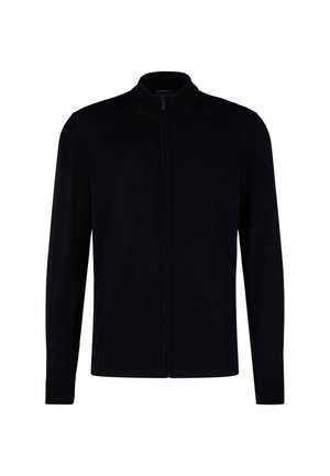 Dunkelblauer Reißverschluss-Pullover mit Stehkragen, langen Ärmeln, gerippten Bündchen und glatter Textur, der ein minimalistisches Design aufweist.