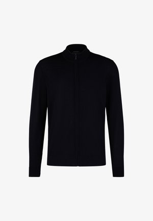 Dunkelblauer Reißverschluss-Pullover mit Stehkragen, langen Ärmeln, gerippten Bündchen und glatter Textur, der ein minimalistisches Design aufweist.