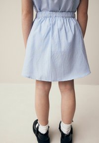 Robe à carreaux bleus et blancs avec taille élastique, longueur genou, associée à des chaussures noires et des chaussettes blanches. Design simple et motif classique.