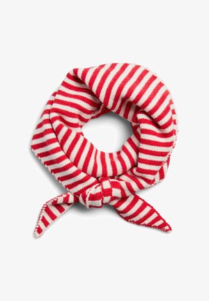 Écharpe rayée en mélange de coton rouge et blanc, design circulaire avec extrémités nouées, texture douce et coloration uniforme partout.