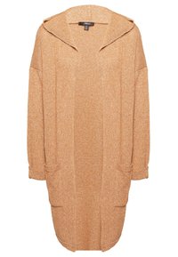 Cardigan long en maille couleur chameau avec capuche, manches longues, deux poches avant et ouverture frontale.