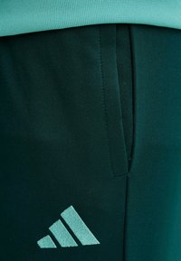 Primo piano di pantaloni Adidas verde scuro con tasca con zip e logo Adidas verde chiaro ricamato vicino alla tasca.