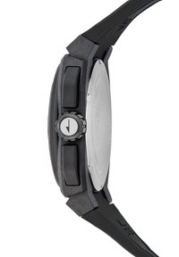 Black silicone watch featuring a round face, textured push buttons, crown with silver accents, and a smooth metallic back.
