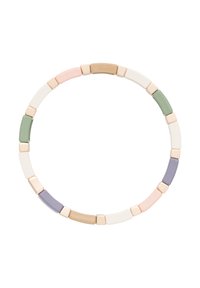 Kreisförmige Perlenkette aus Keramik, die in verschiedenen Pastellfarben gestaltet ist: Grün, Pink, Lavendel, Beige und Weiß. Glatte Textur, einheitliches Design.