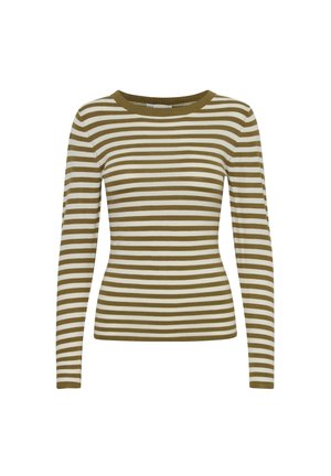 Ilgais rankovės dryžuotas megztinis alyvuogių žaliai ir kremine spalva. Su apvalia kaklo iškirpte ir pūkuota tekstūra. Tinkamo prigludimo dizainas.