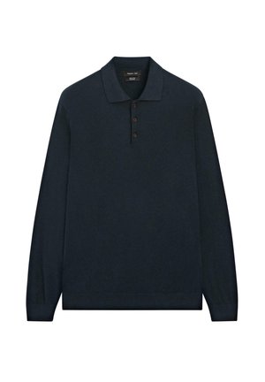 Polo a maniche lunghe di colore blu navy scuro con colletto e patta con tre bottoni, realizzata in tessuto a maglia fine, mostrata stesa su uno sfondo bianco.