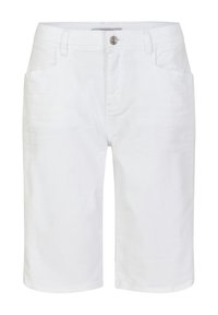 Valkoiset farkkushortsit suoralinjaisella leikkauksella, joissa on vetoketjuluukku ja napitus. Mukana kaksi etutaskua ja kaksi takataskua. Silkin sileä pinta.
