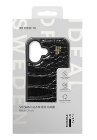 Funda para iPhone 16 de cuero vegano negro con textura de cocodrilo, presenta un logo dorado y iconos de certificación. Empaquetada en una caja elegante y minimalista.