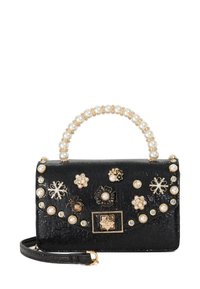 Black handbag with textured surface, pearl accents on the handle, and assorted floral embellishments in gold and silver, featuring a magnetic clasp.